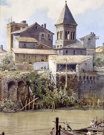 Ettore Roesler Franz,San Crisogono, Palazzo Anguillara, depuis le Tibre (environ 1896)